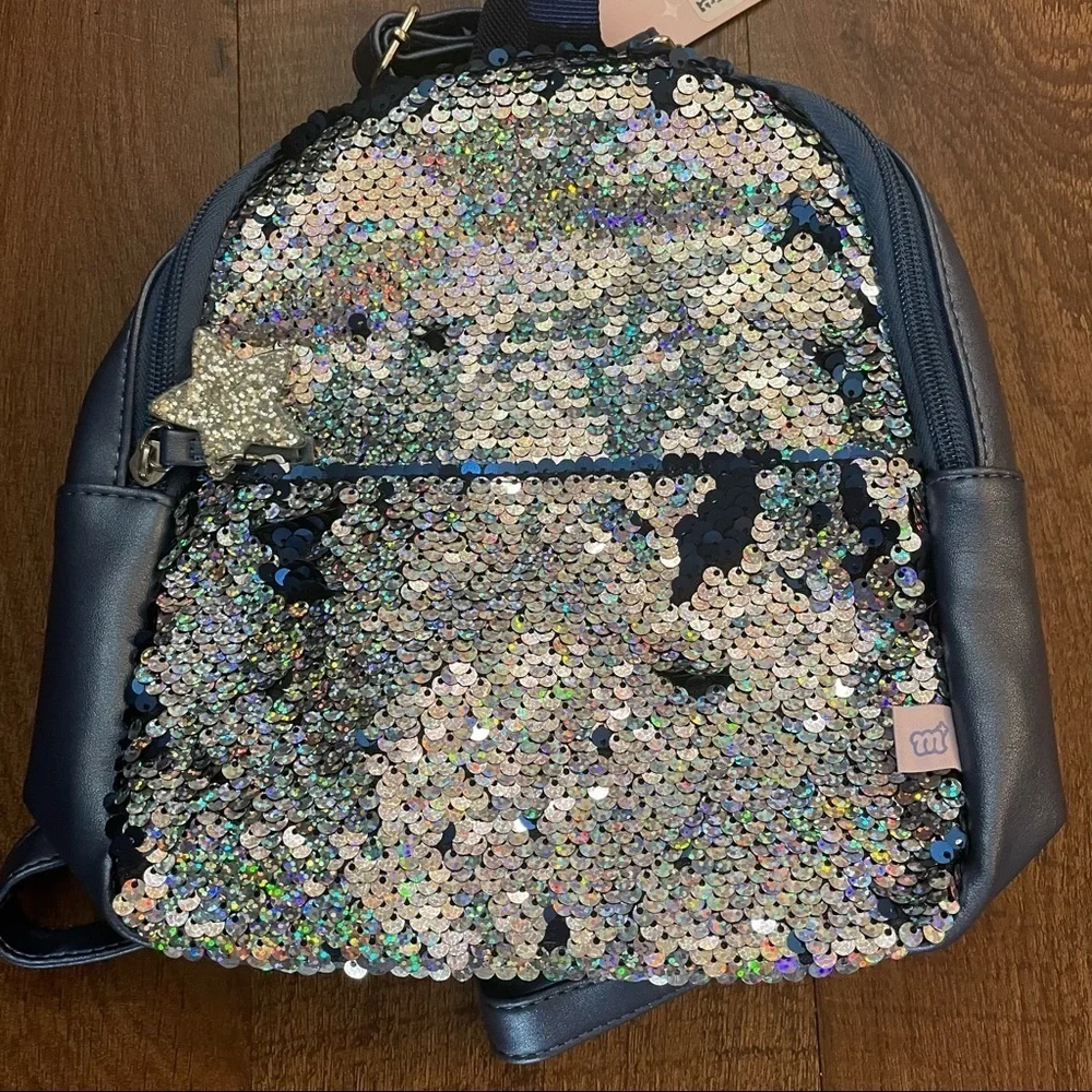 NWT more than magic mini flip sequin backpack blue silver